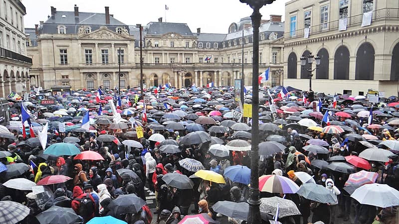 Demonstration in the rain in Paris