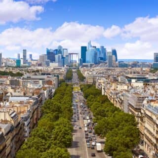 Paris skyline aerial Champs Elysees and La Defense in France