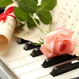 Background of synthesizer keyboard with rose